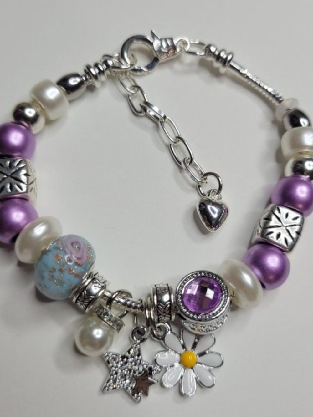 New Pandora Style Charm Bracelet Purple Silver Color White Daisy Stars Hearts - Picture 7 of 7